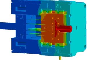 Advanced injection mold cooling techniques showing mold cooling channels, thermal simulation and CNC machined mold system used in plastic injection molding process