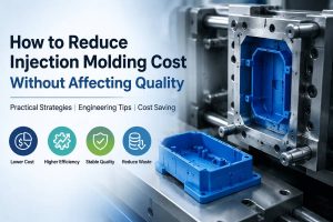 Injection molding cost reduction infographic showing mold design, production efficiency and quality improvement strategies