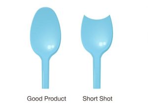 Injection molding short shot defect comparison between good plastic part and incomplete filling caused by insufficient material flow.