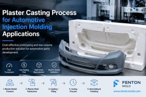 Plaster casting process for automotive injection molding applications showing prototype mold and automotive bumper part used for rapid prototyping and low-volume production