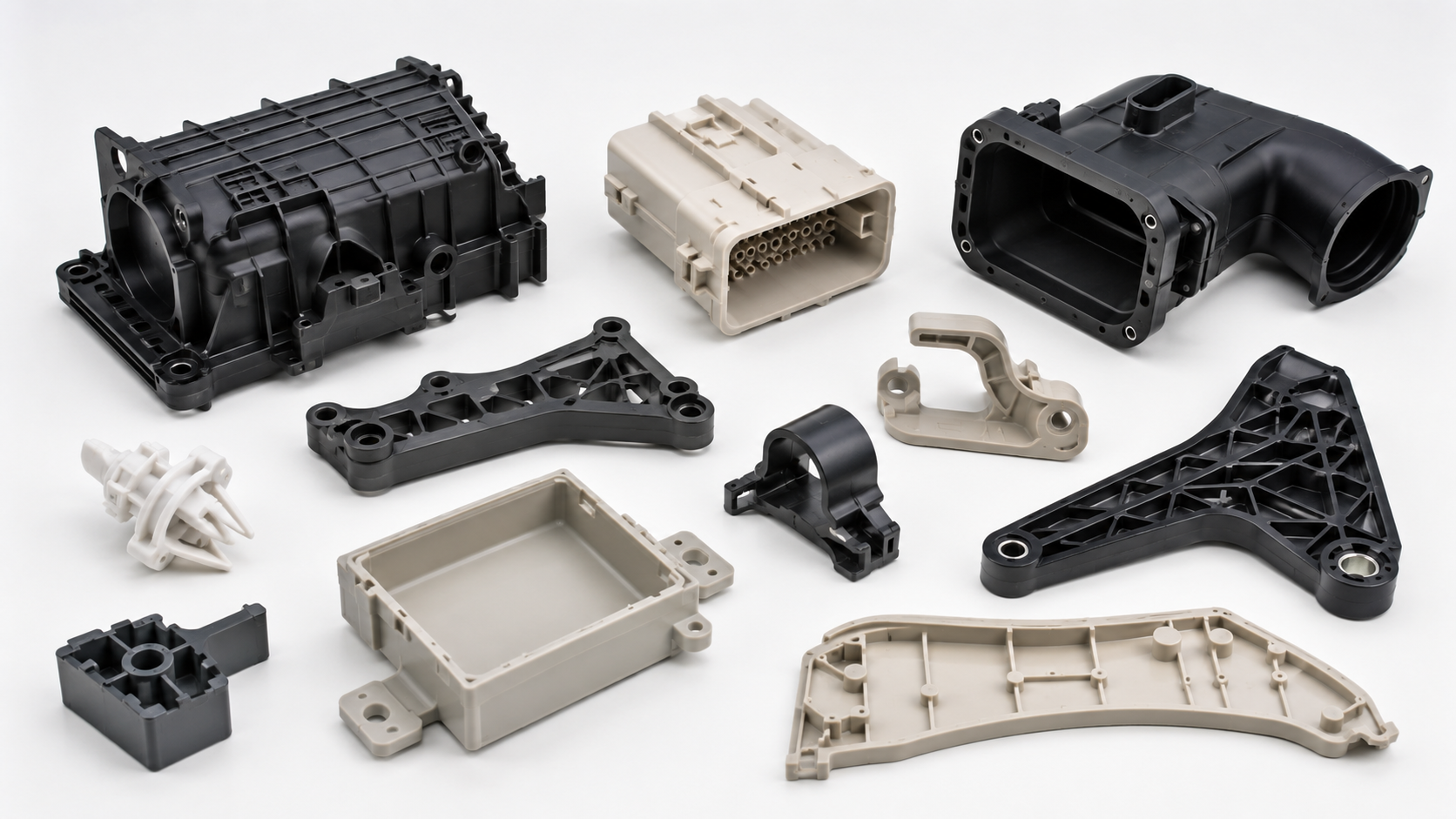 Aerospace plastic injection molding parts including housings, brackets, connectors, and structural components`