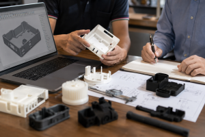Custom plastic parts supplier reviewing part design and manufacturing requirements