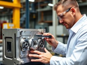 Engineer inspecting injection mold quality before final acceptance