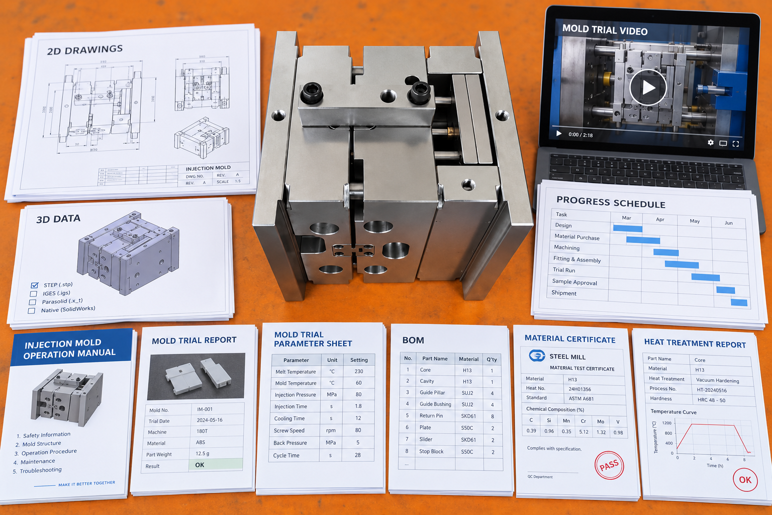 injection mold documentation with mold drawings, inspection reports and component files