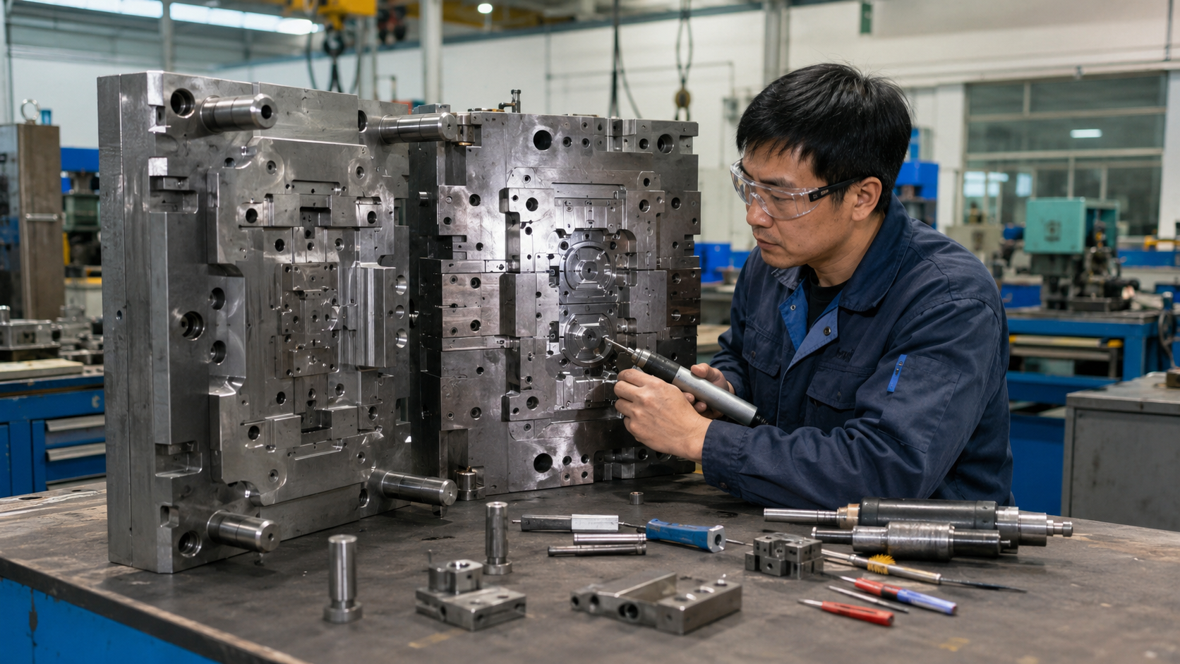 Technician repairing and inspecting an injection mold in a mold workshop