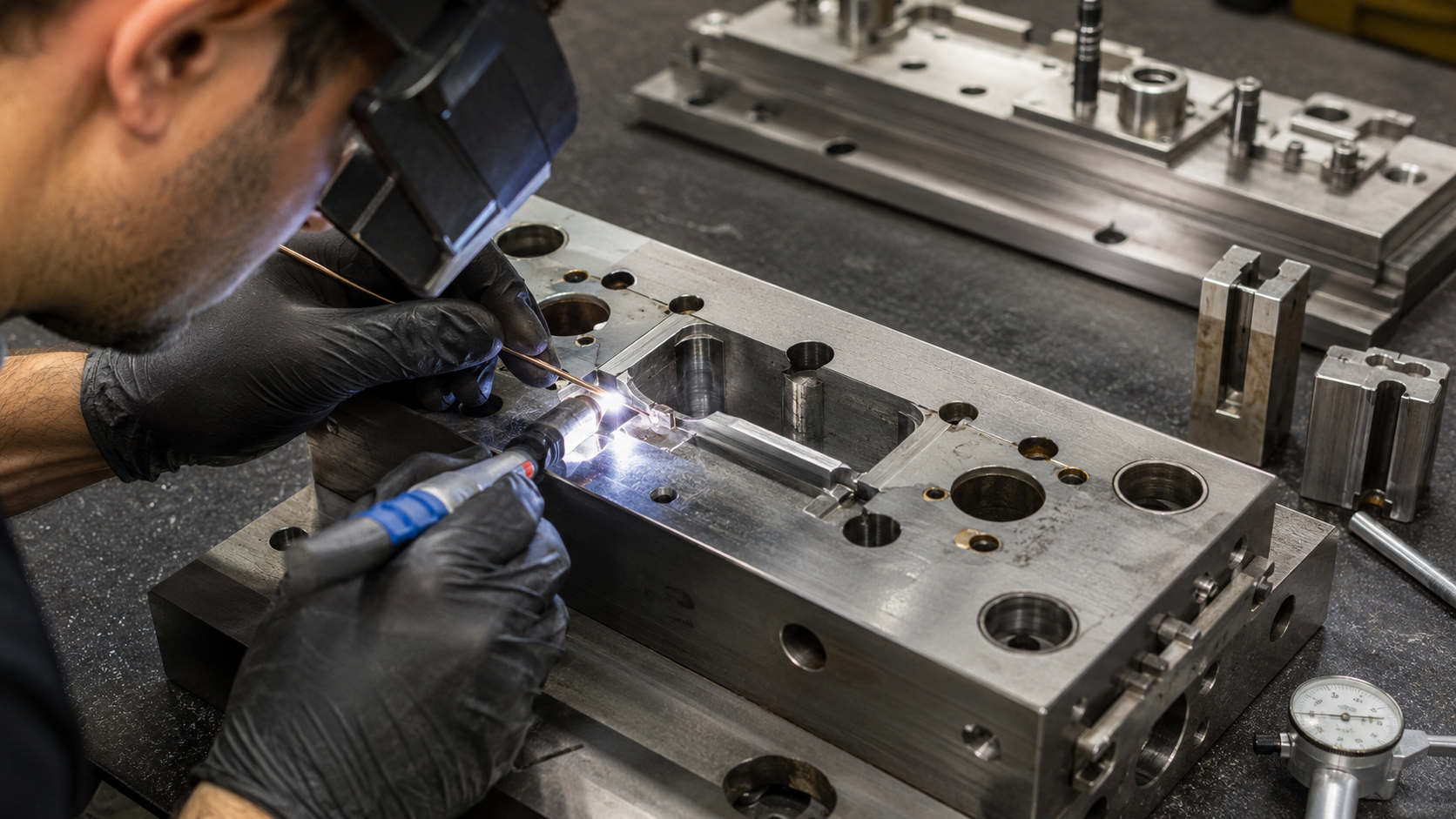 Technician performing injection mold repair on a damaged steel mold component using precision welding