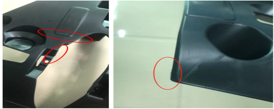 Injection molded part with flash defect found during mold trial inspection before mass production