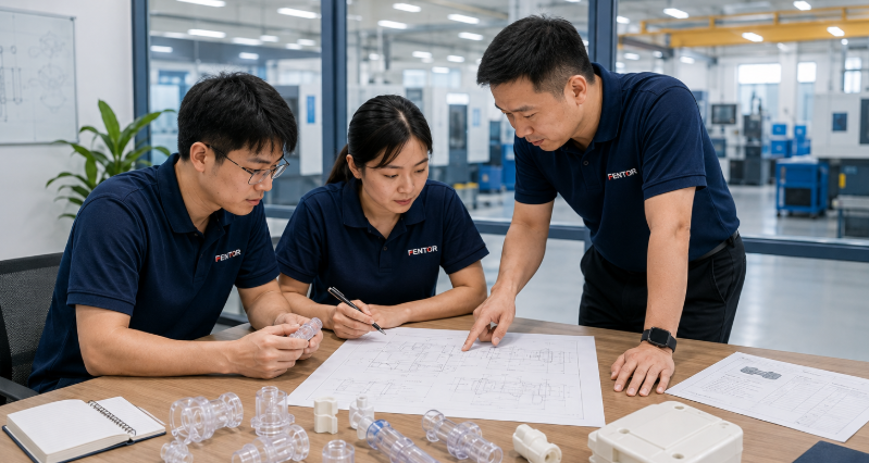 An engineering and project management team reviewing precision medical injection molded parts, dimensional reports, and tooling requirements before production