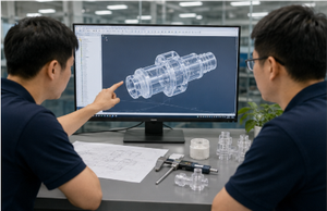 Medical injection molding engineers reviewing CAD geometry, molded samples, and critical dimensions during a medical tooling project.