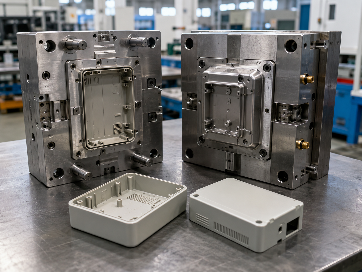 Plastic housing injection mold and molded enclosure parts