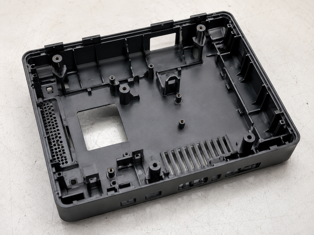 Plastic housing injection molding with ribs and screw bosses