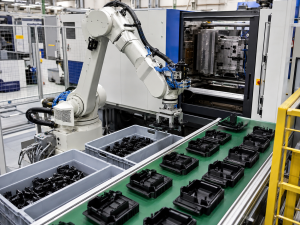 Plastic molding automation with robot handling injection molded parts