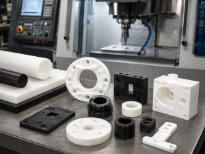 Precision machined plastic parts inspected for dimensional accuracy