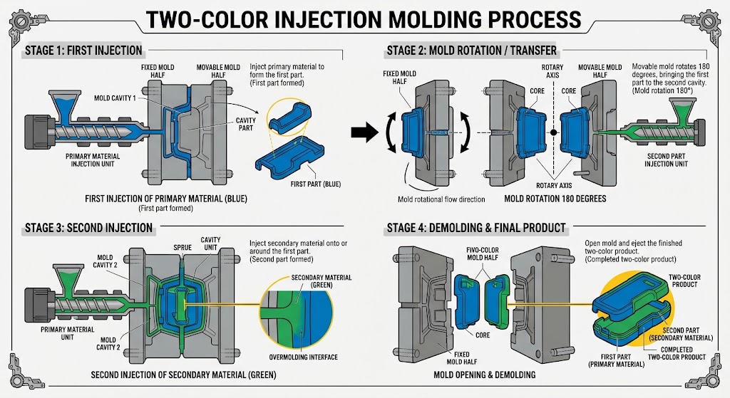 same material overmolding first shot and second shot process