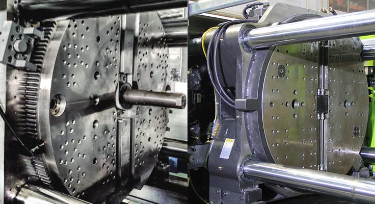Two-shot injection mold rotary tooling system for multi-material plastic part production