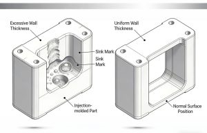 Wall thickness rules for injection molded parts showing uniform and uneven wall thickness design