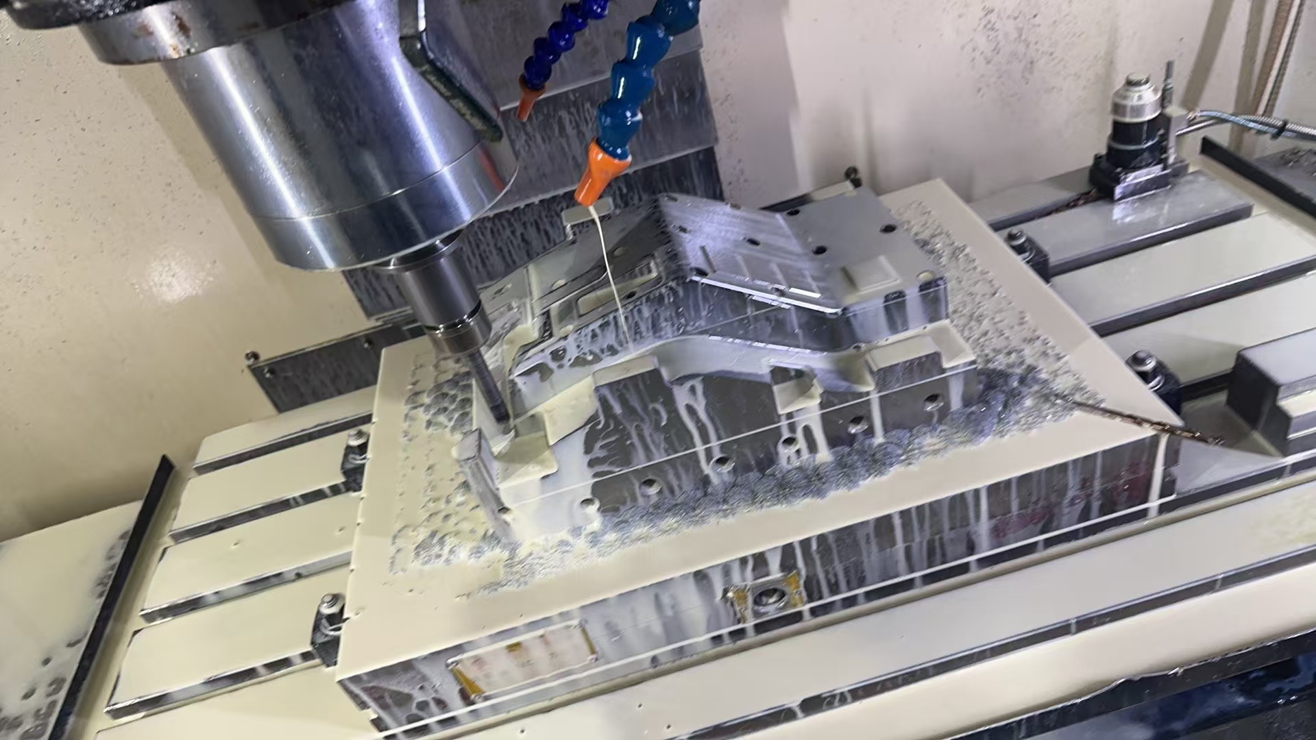 Core and cavity in injection molding shown on an open mold