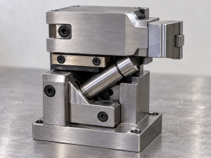 Injection mold cam slider unit isolated on a workbench