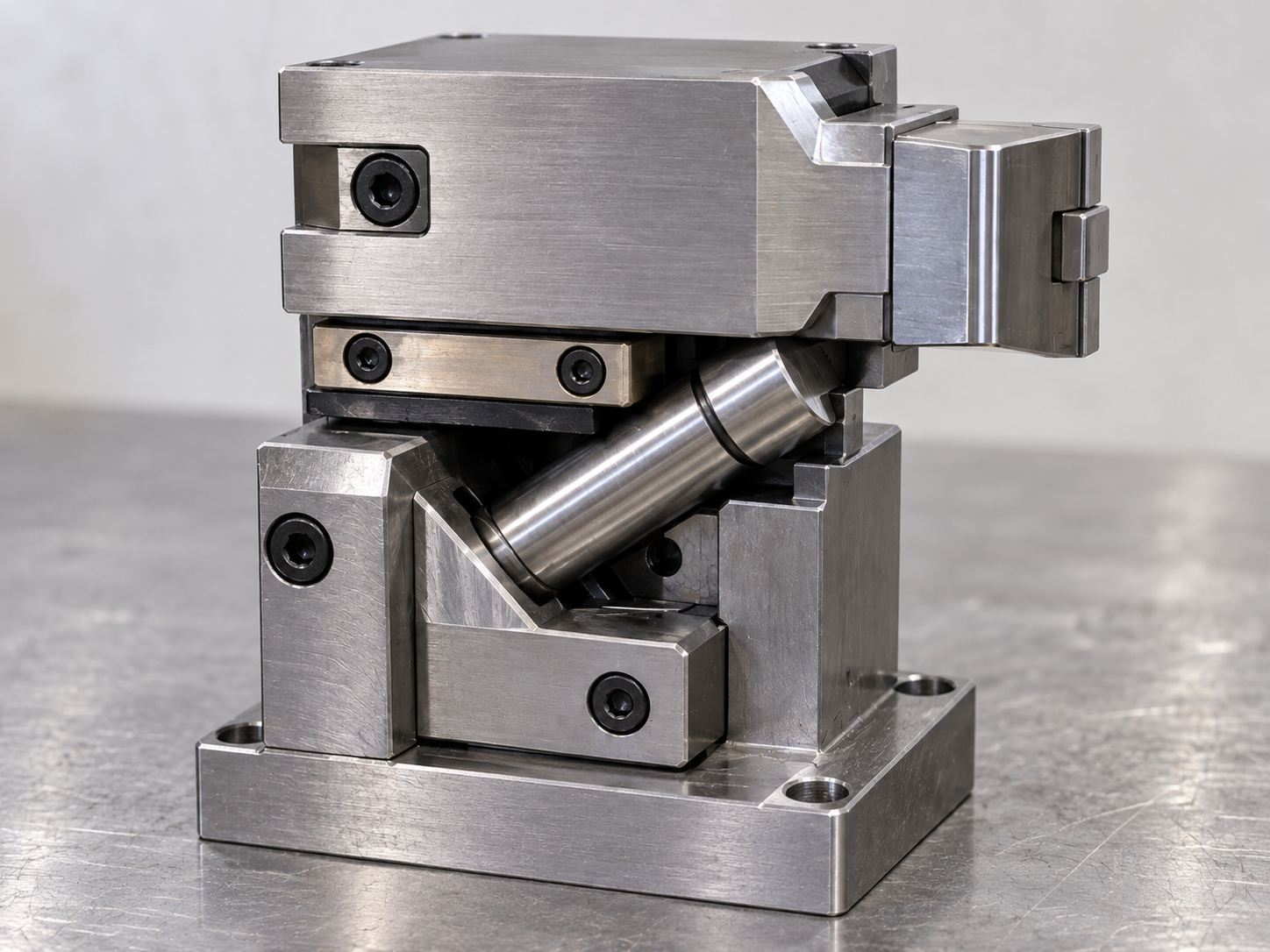 Injection mold cam slider unit isolated on a workbench