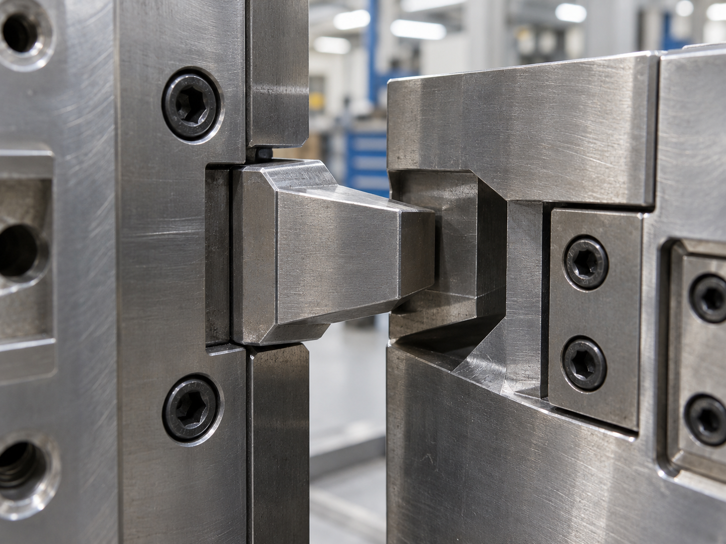 Close-up of an injection mold interlock design showing a tapered interlock used to improve mold alignment and prevent mold misalignment.