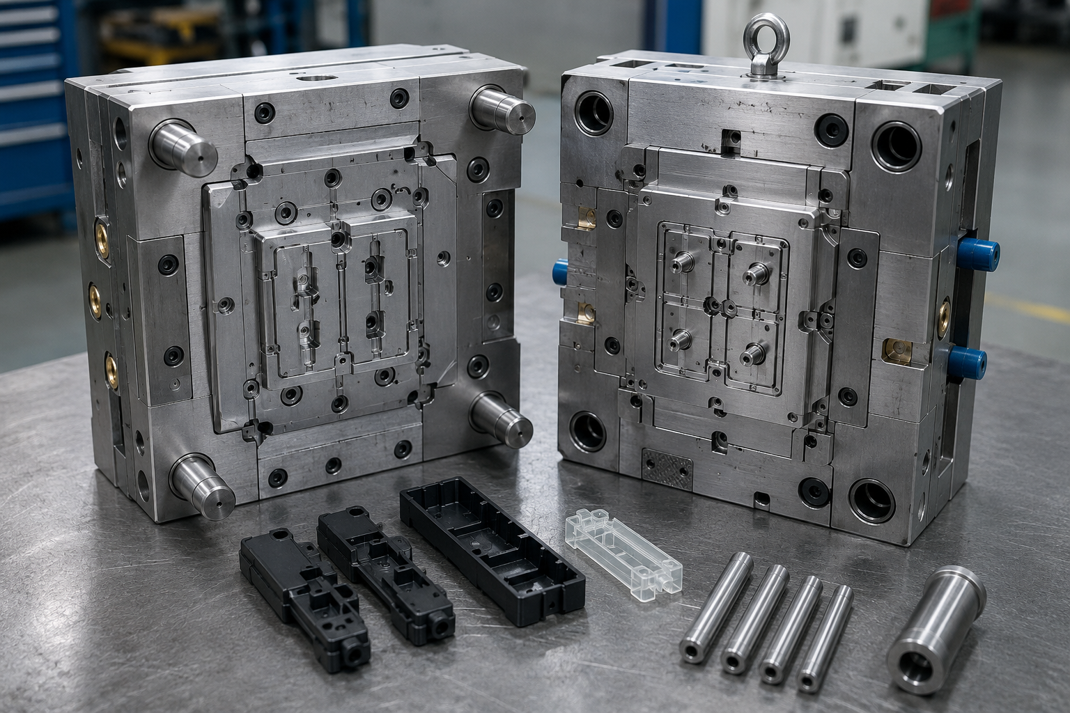 Injection mold ownership showing mold halves, molded parts, inserts, and tooling components