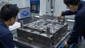 Engineers inspecting an existing injection mold after a delayed project to evaluate whether it can be repaired or transferred