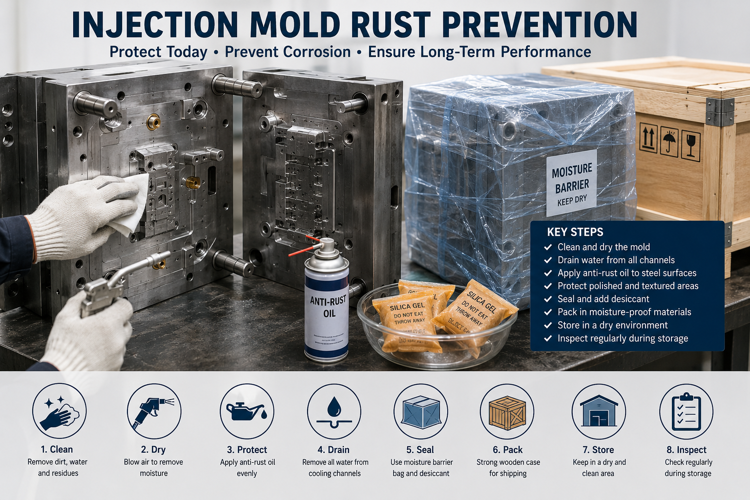 Injection mold rust prevention before storage and overseas shipping