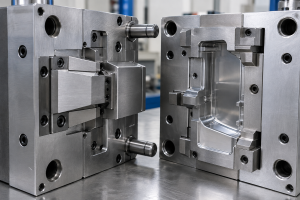 Injection mold shut-off design with precision mold components