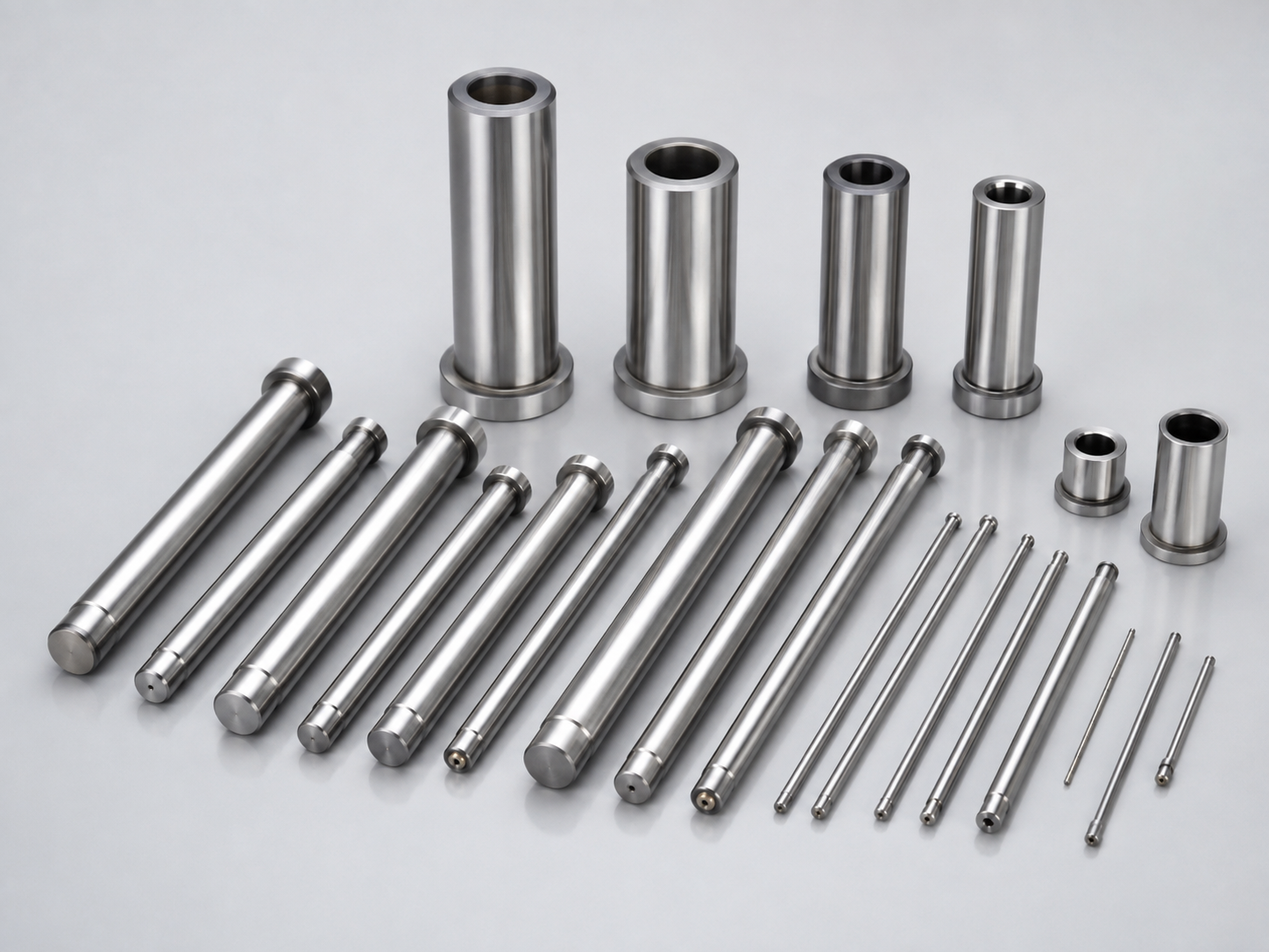 Injection mold spare parts including ejector pins, sleeves, springs, seals, core pins, and hot runner components