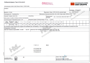 Injection mold steel certificate showing steel grade, heat number, hardness, and material verification records