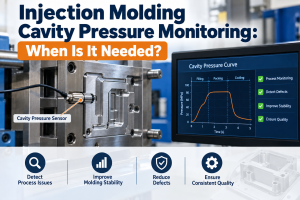 Injection molding cavity pressure monitoring with a cavity pressure sensor and pressure curve used to track filling, packing, and cooling.