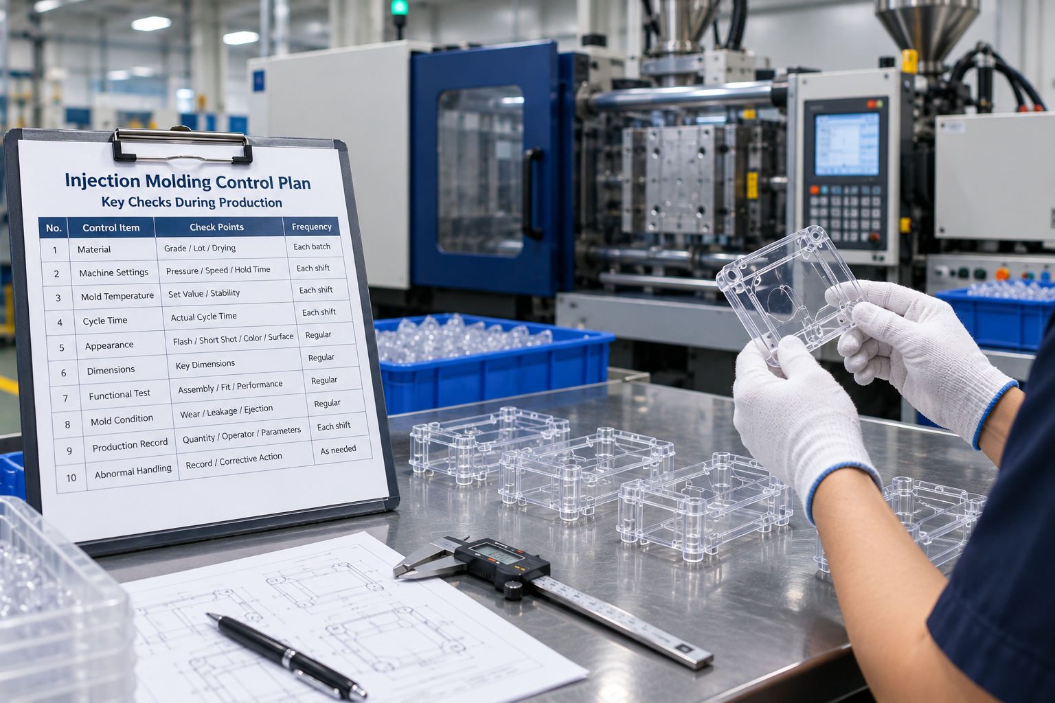 Injection molding control plan for production quality inspection