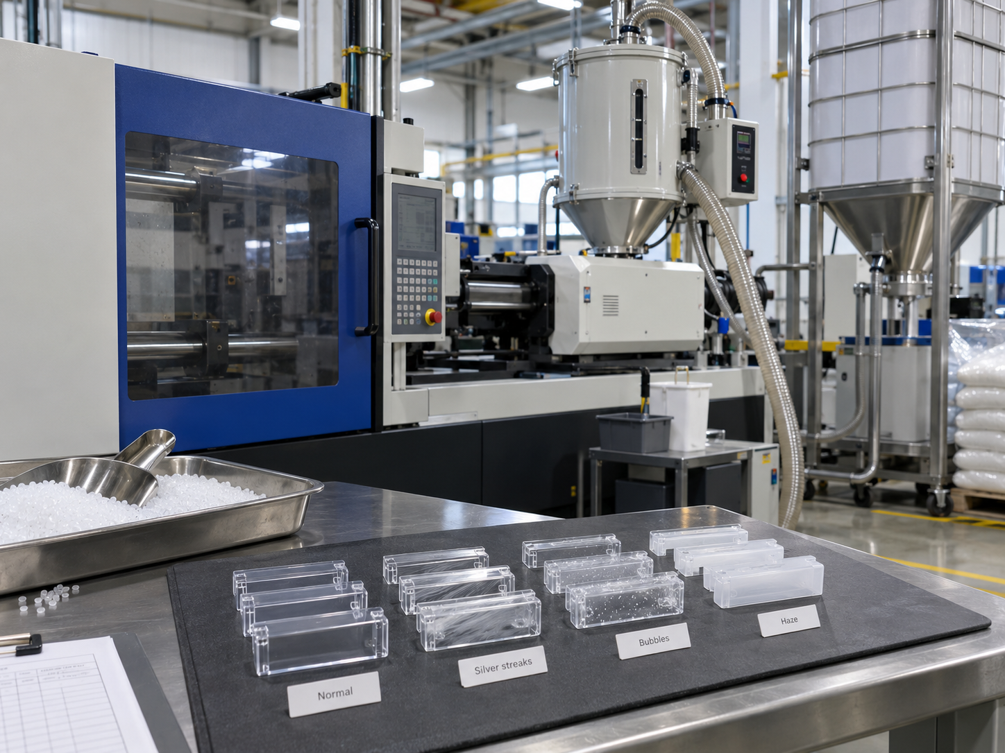 Injection molding material drying with moisture-related plastic defects