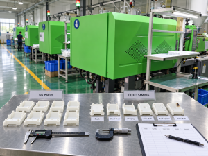 Injection molding reject rate inspection with good and defective plastic parts