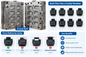 Multi-cavity injection molding cavity identification for tracing flash and short shot defects