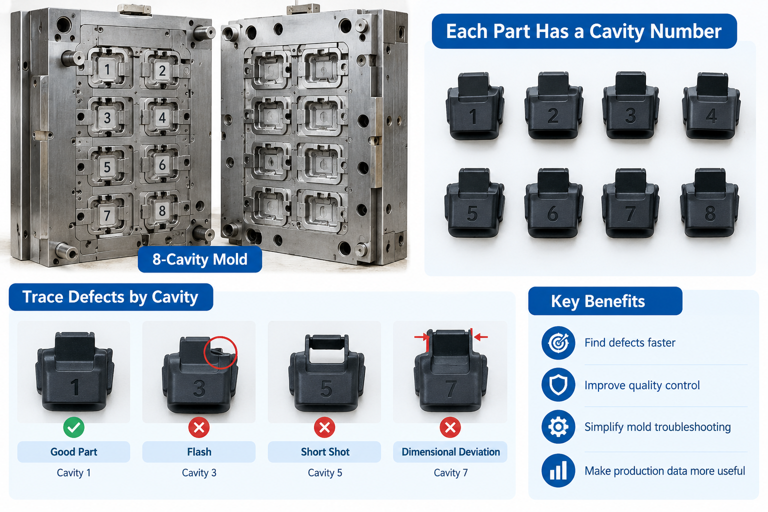 Multi-cavity injection molding cavity identification for tracing flash and short shot defects