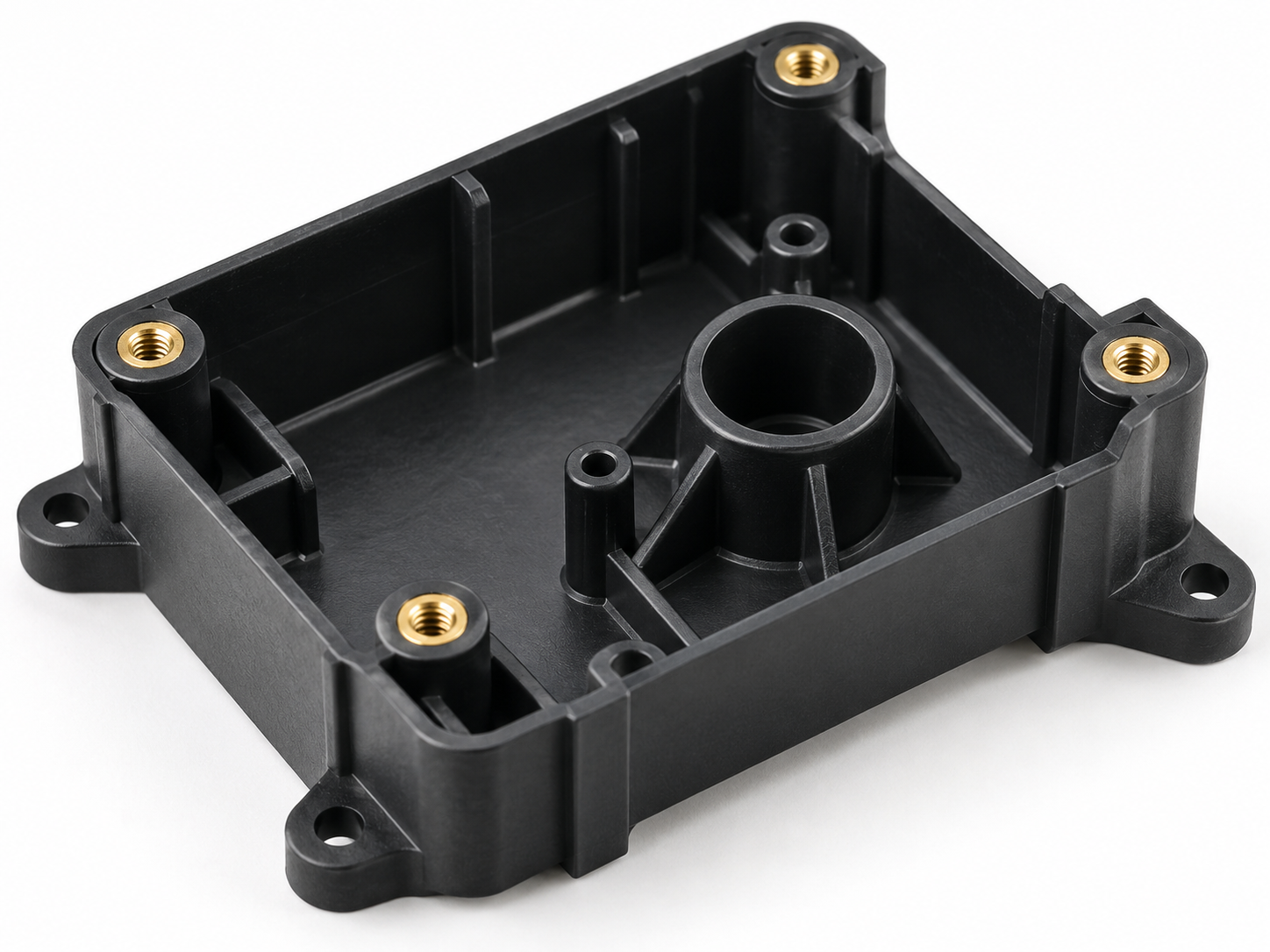Plastic part with brass threaded inserts for secure assembly