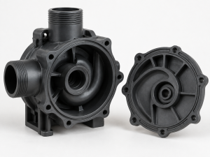 Plastic pump housing injection molding with sealing surface and cover
