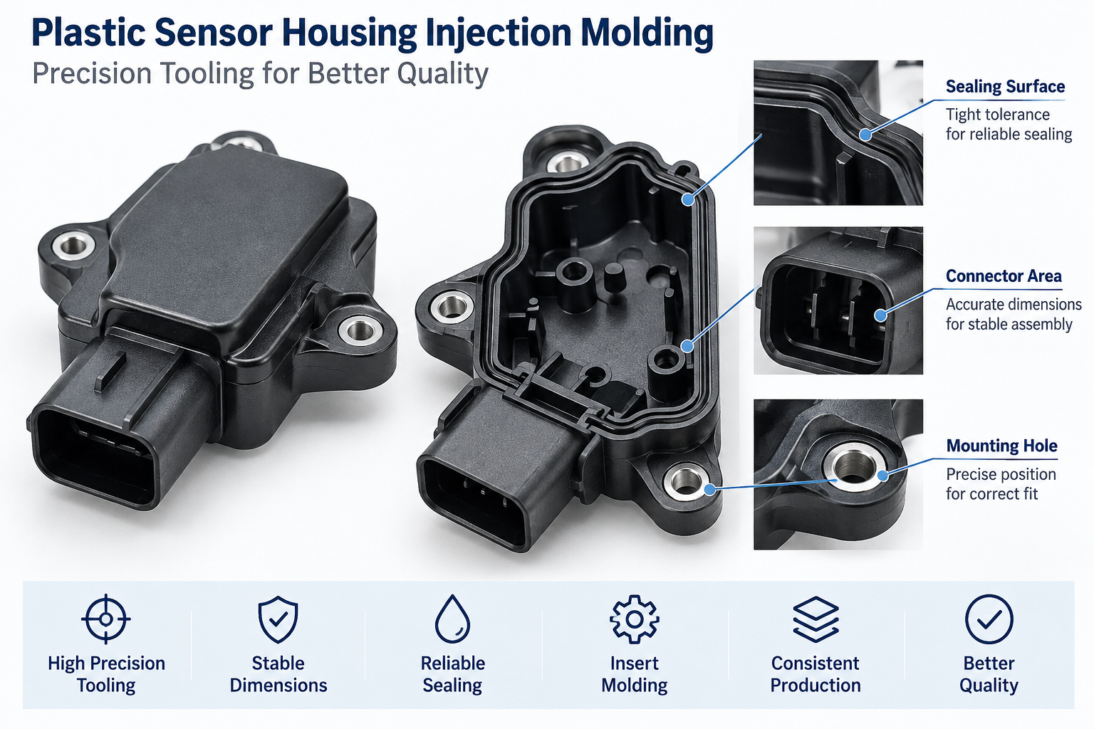 Plastic Sensor Housing Injection Molding with precision tooling and sealing features