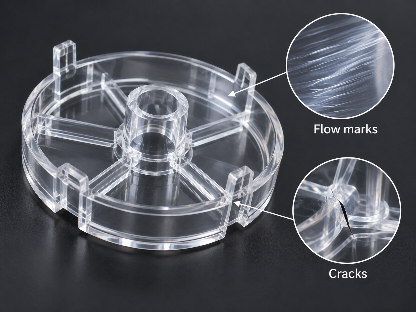 PMMA injection molding part with cracks and flow marks