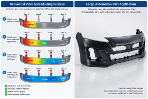 Sequential valve gate molding process for reducing weld lines in large plastic parts