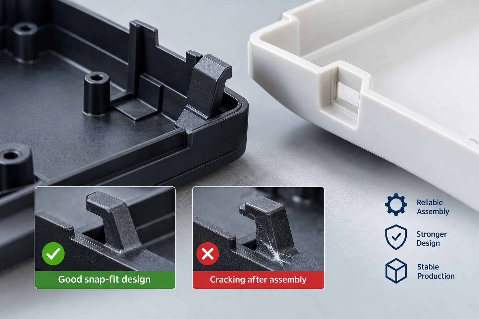 Snap-fit injection molding showing good snap design and cracking after assembly