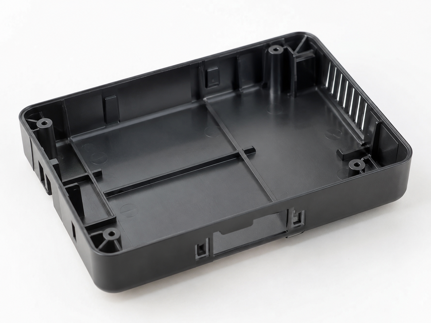 Thin-wall injection molding plastic housing with ribs and bosses