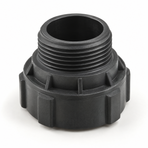 Threaded plastic industrial part with molded external threads, reinforcing ribs, and a durable injection molded structure.