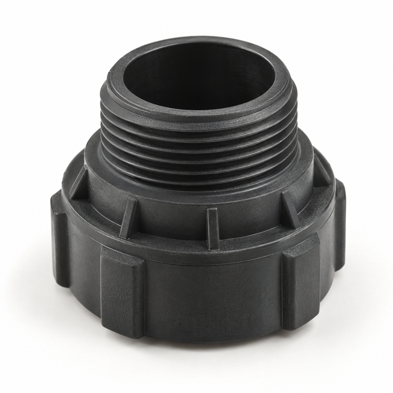 Threaded plastic industrial part with molded external threads, reinforcing ribs, and a durable injection molded structure.
