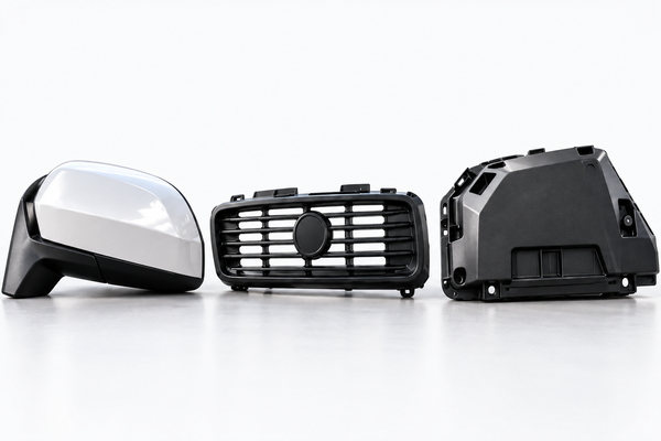 ASA injection molding automotive plastic parts including mirror housing, front grille, and protective housing