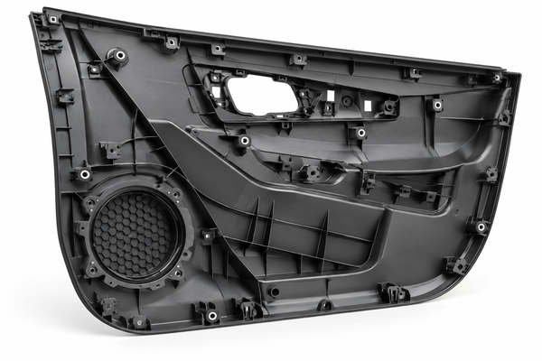Automotive door panel mold design showing plastic reinforcing ribs, mounting bosses, and structural features to prevent warpage.