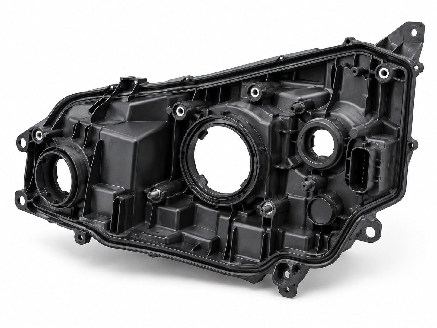 Headlight housing injection molding with sealing edges, mounting bosses and reinforcing ribs