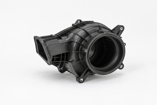 Automotive HVAC plastic parts with ribs and mounting features for mold design evaluation