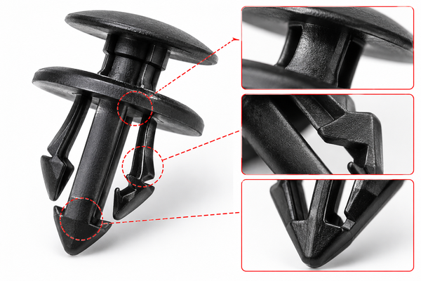 Automotive plastic clips showing snap-fit arms, locking hooks and structural details for improved durability